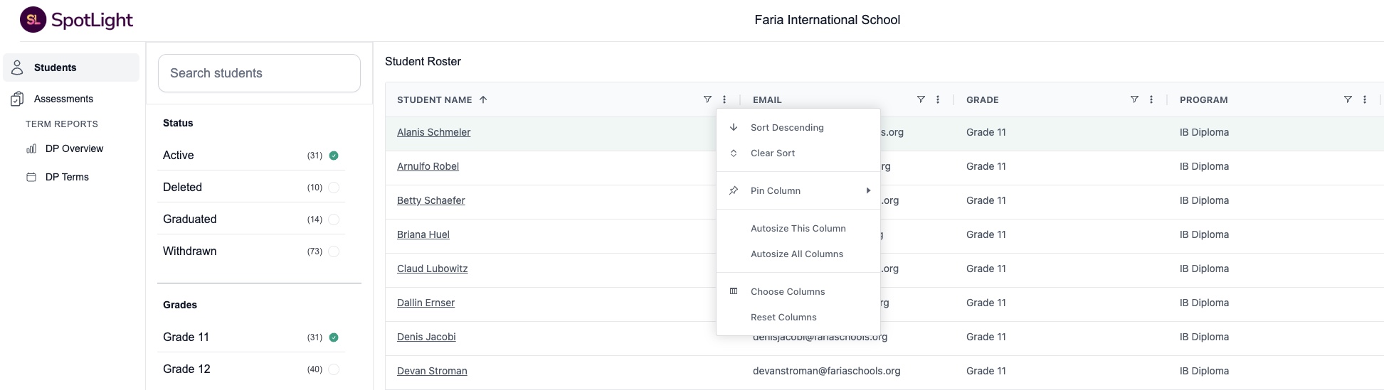 Student Roster Table
